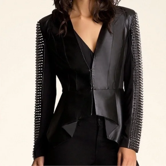 🌟 BEBE Black Genuine Leather Spiked Sleeves Peplum Moto Biker Jacket - Picture 2 of 16